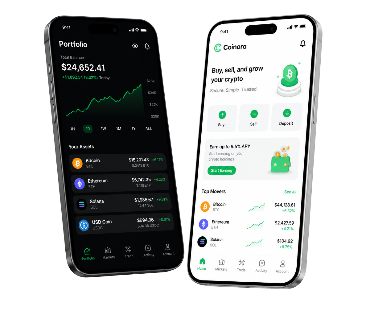 Bitstamp app shown in dark portfolio mode and light home mode