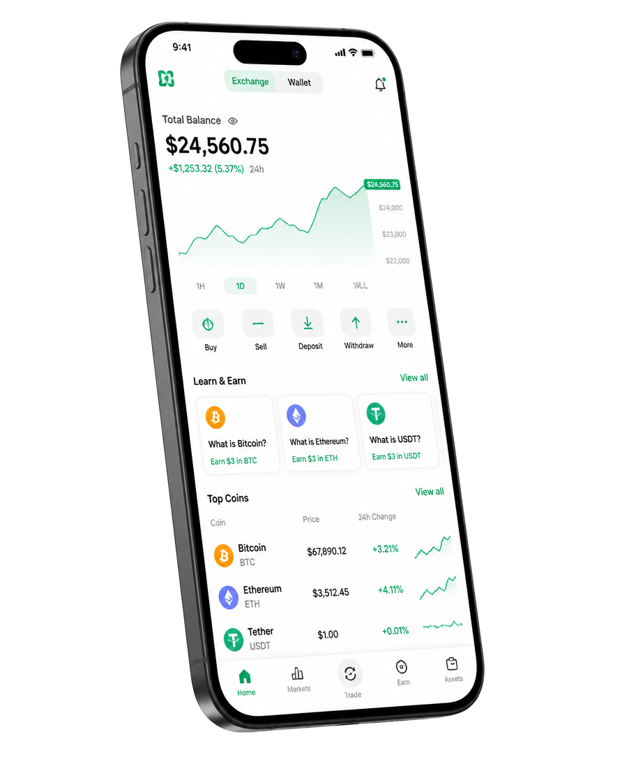 Bitstamp mobile app showing a crypto portfolio balance and learn cards