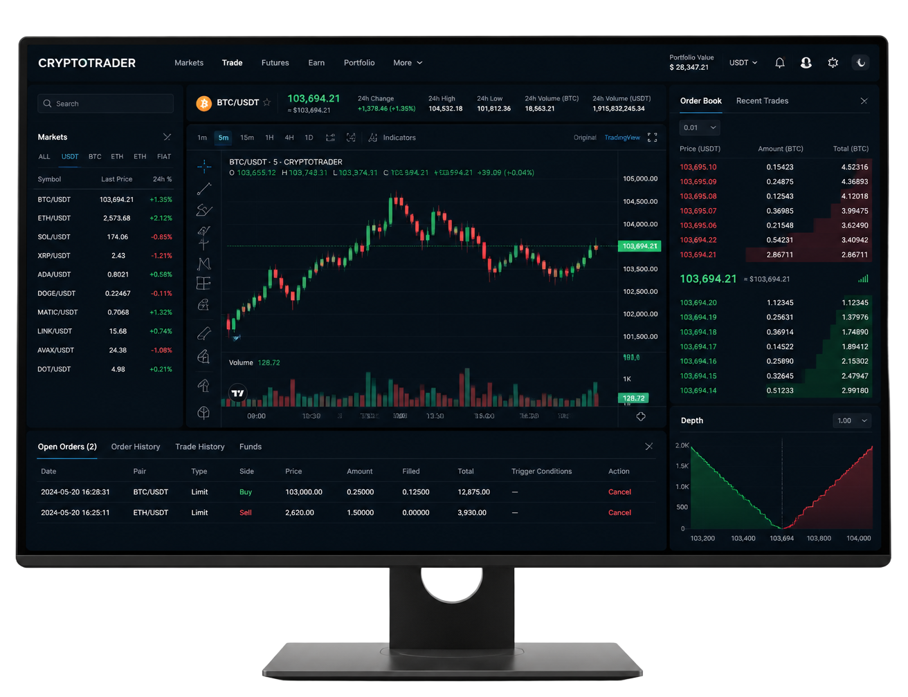 Bitstamp Pro desktop trading terminal with candlestick chart and order book